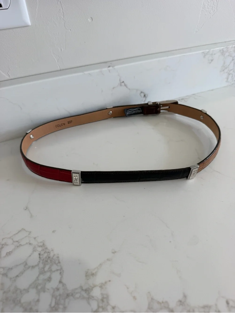 Vintage Brighton Multicolor Croco Embossed Leather Panel Belt Red Black Brown XL